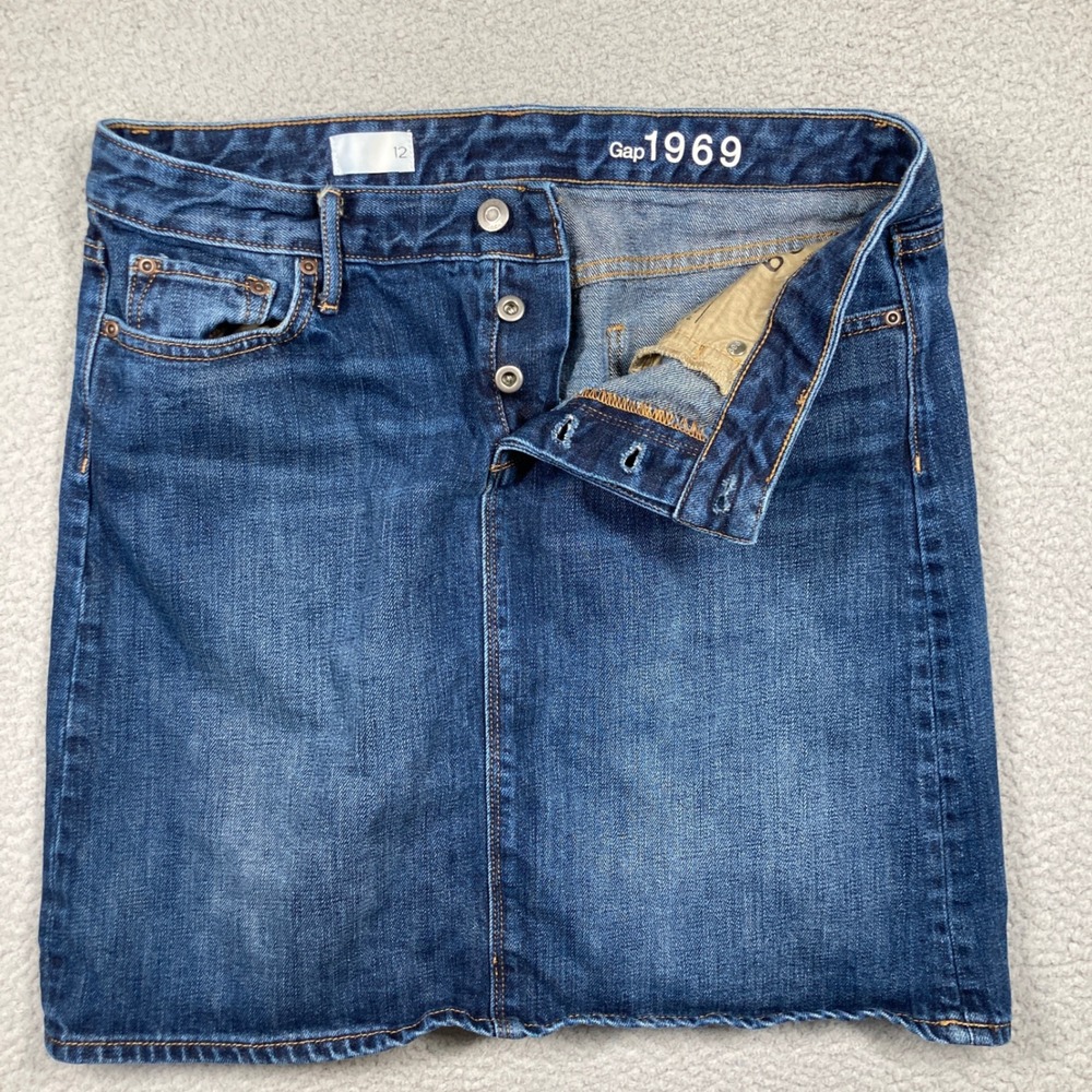Gap 1969 Denim Mini Skirt Womens 12 Blue Medium Wash Button Fly 100% Cotton